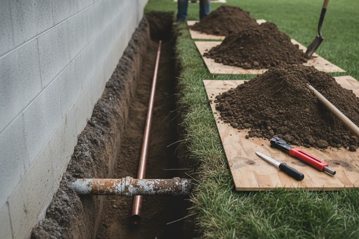 Excavated water line trench during Sewer Line Repair in Chester